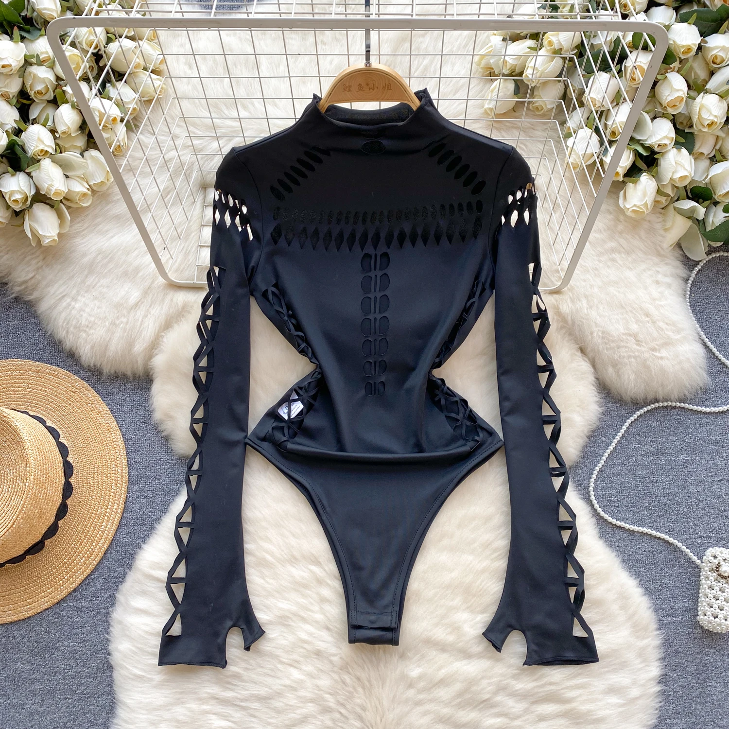 Hotsweet Half High Collar Elegant Long Sleeves Vintage Hollow Out Chic Bodysuits T-shirt Top Sexy High Street Autumn Jumpsuit