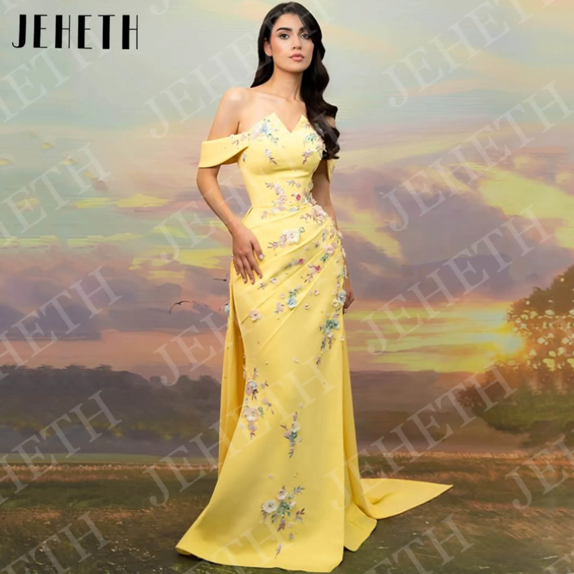 예헤스 럭셔리 머메이드 이브닝 드레스 프롬 여성 플로럴 아플리케 오프숄더 정장 파티 드레스 옐로우 맞춤 제작 이브닝 드레스고급스러운 인Mermaid Evening Dresses Prom주문을 받아서 만드는 어깨 공식적인 파티 드레스 노란색에서 여자 꽃 애플리케이션