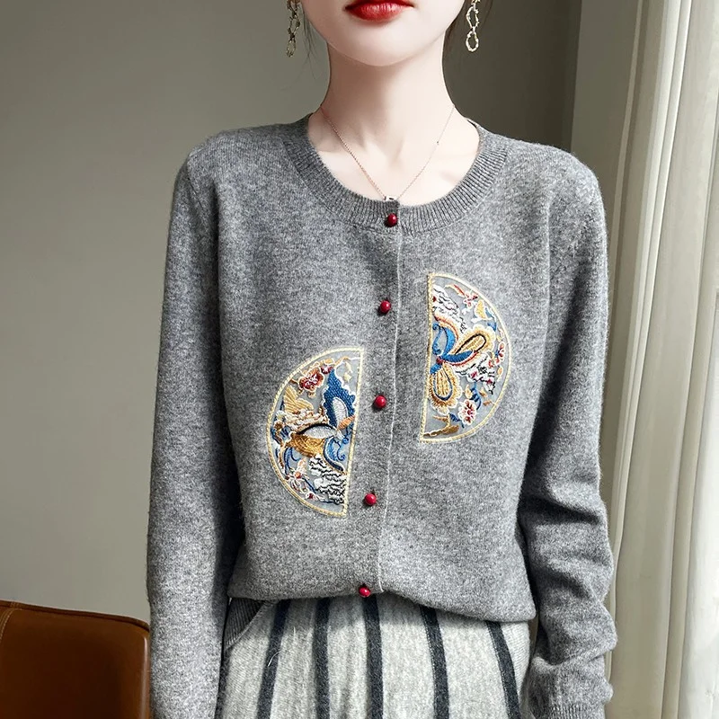 

High-End Knitted Sweater Cardigan Coat for Women No Pilling Early Autumn South Oil Women's Faion Long Sve round Ne