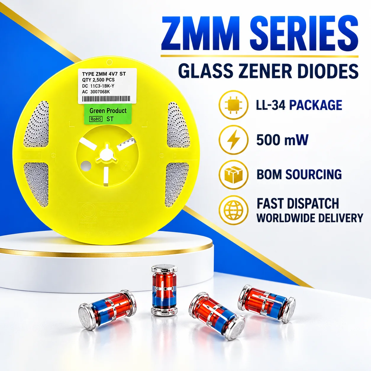 ZMM 8V2 ZMM 9V1 ZMM 10 ZMM 11 ZMM 12 ZMM 13 ZMM 15 ZMM 16 ZMM 18 ZMM 20 ZMM 22 Original Genuine LL-34 SMD Zener Diodes In Stock