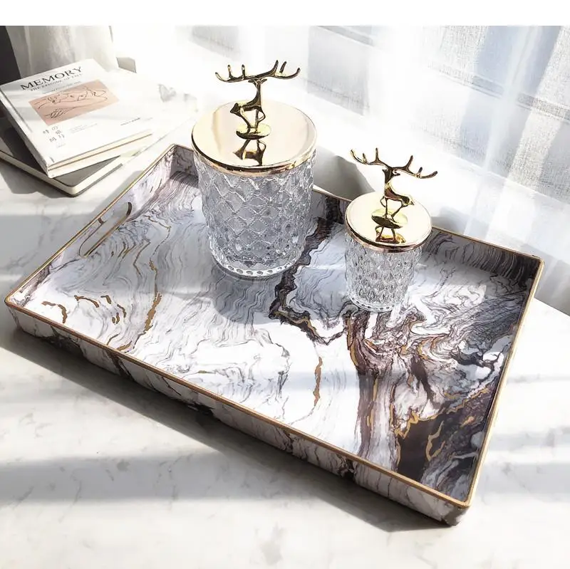 Nordic Marble Texture Storage Plastic Tray Fruit Food Teacup Home Box Jewelry Necklace Display Decoration