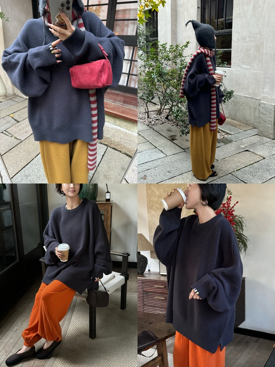 Owi Ultrine Merino Wool Handmade Rainbow Stitched Lazy Sweater Women's Loose Fit Winter Faion Simple Sle Long Sve