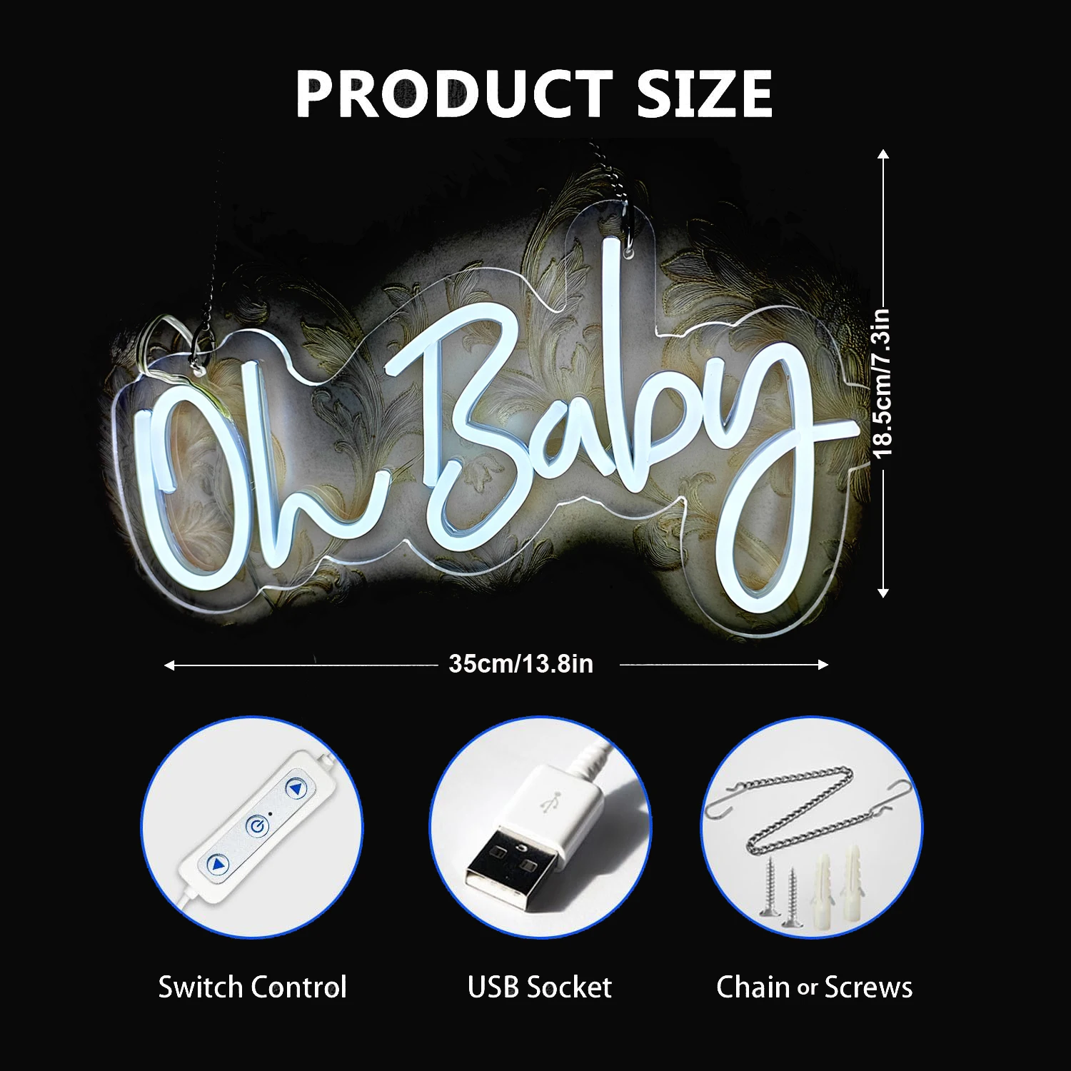 Oh Baby Neon Sign LED Veilleuse pour enfants, lampe d'ambiance murale pour la maison, le chevet, la chambre à coucher, l'éclairage de la salle de jeux, la décoration Navidad