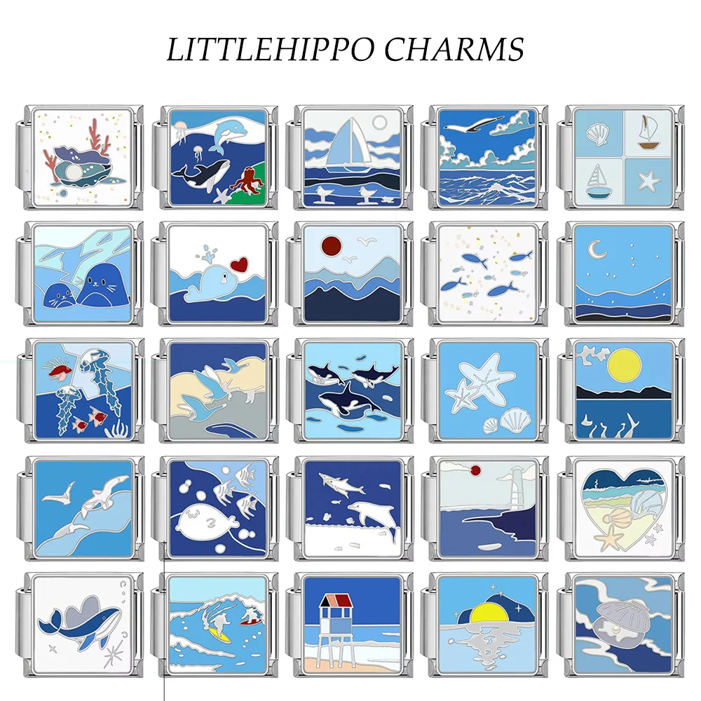 Blue Ocean Series Whale Wave Sail Starfish Pendant Italian Bracelet Suitable for 9mm Bracelet in Summer, Neutral Stainless Steel