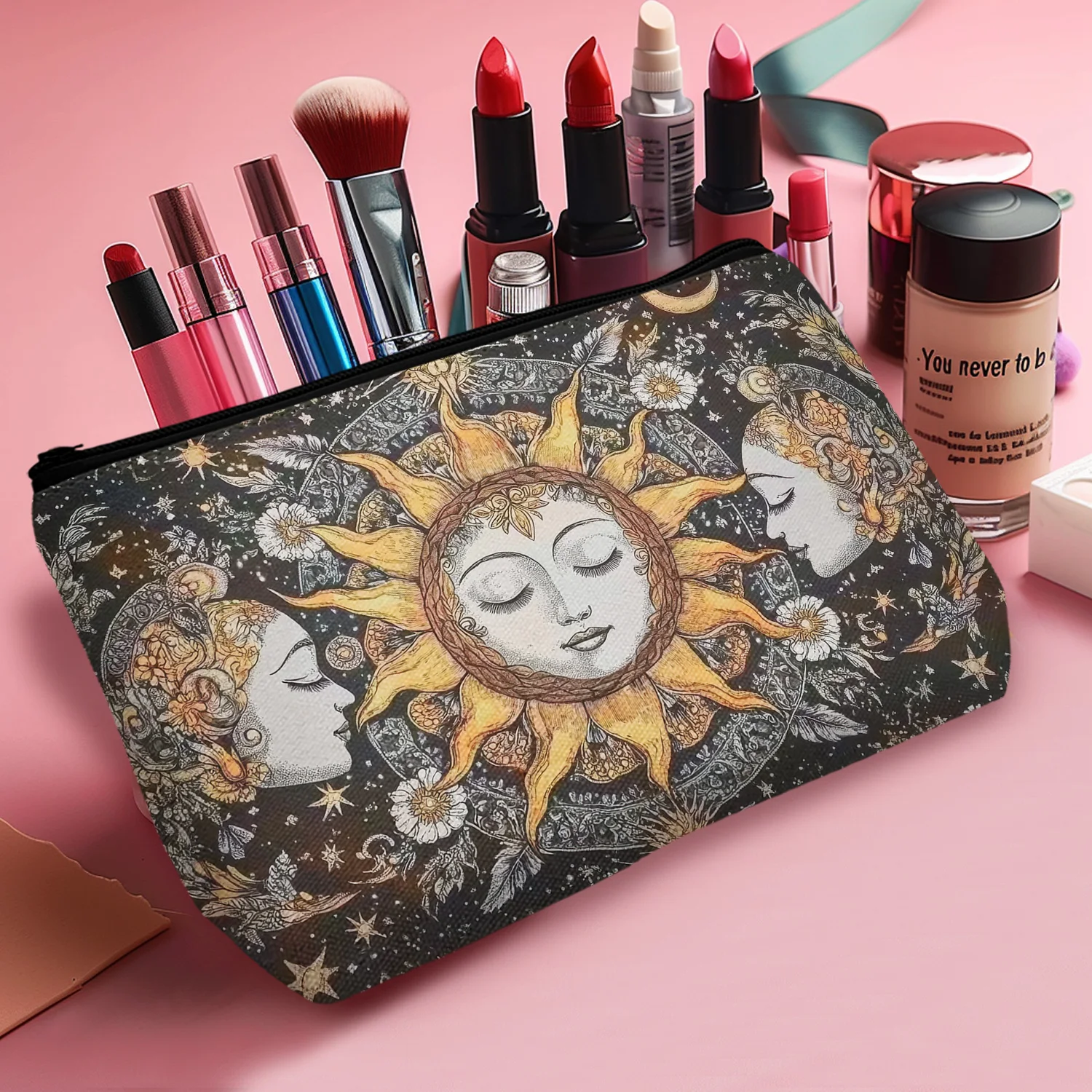 1Pc Beautiful Sun And Moon Vintage Cosmetic Bag Durable And Fashionable Women'S Cosmetic Bag Suitable For Daily And Travel