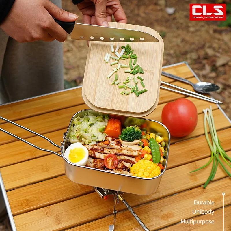 

900ML Camping Bento Box Wooden Lid Lunch Box Stainless Steel BentoOutdoor Fishing Picnic Lunch Pot Chopping Board