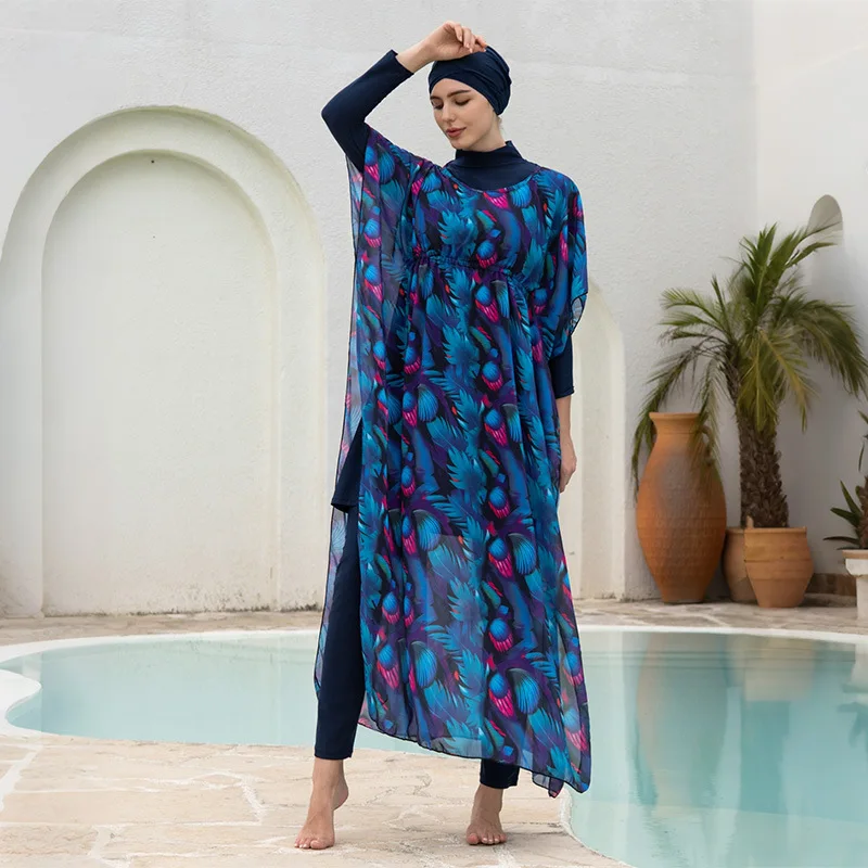 4‑Pcs Modest Burkini Swimsuit Long‑Sleeve Top Swim Pants Hijab & Sheer Peacock Print Cover‑Up Islamic Conservative Bathing Suit