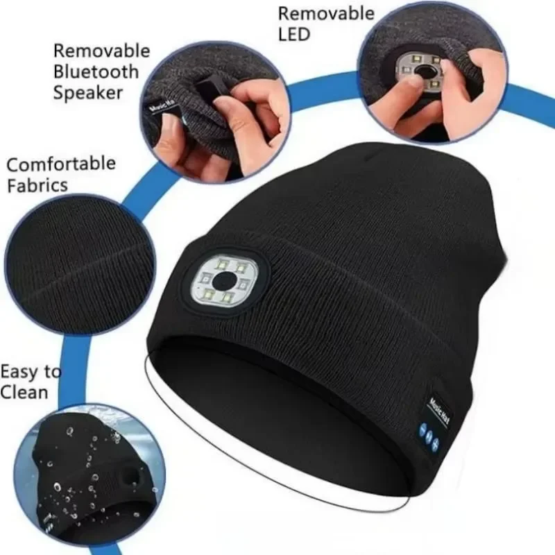 3-in-1 Function Bluetooth Beanie Led Lighting Knit Cap Rechargeable Removable Washable Illuminated Bluetooth Hat