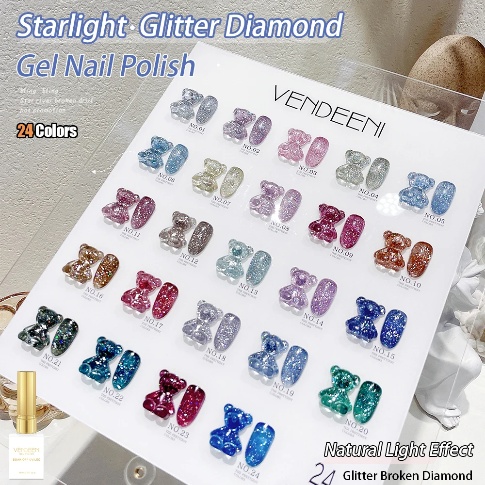 

Vendeeni 24 Colors/Set Glitter Broken Diamond Gel Nail Polish Flash UV LED Soak Off Gel Lacquer Reflective Nail Art Gel Varnish