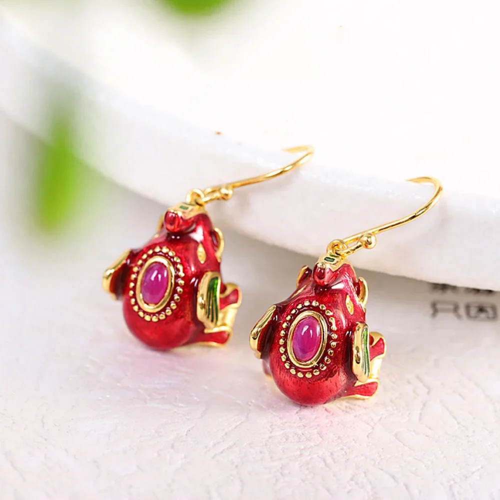 Classic inlay pink carnelian exquisite earring Drop ethnic style red enamel elephant earrings for women banquet jewelry gifts