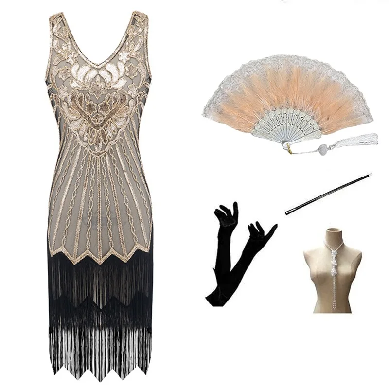 4 stück Fan Zubehör Set 1920s Flapper Vintage Pailletten Quaste Great Gatsby Cocktail Party Tanz Kleid