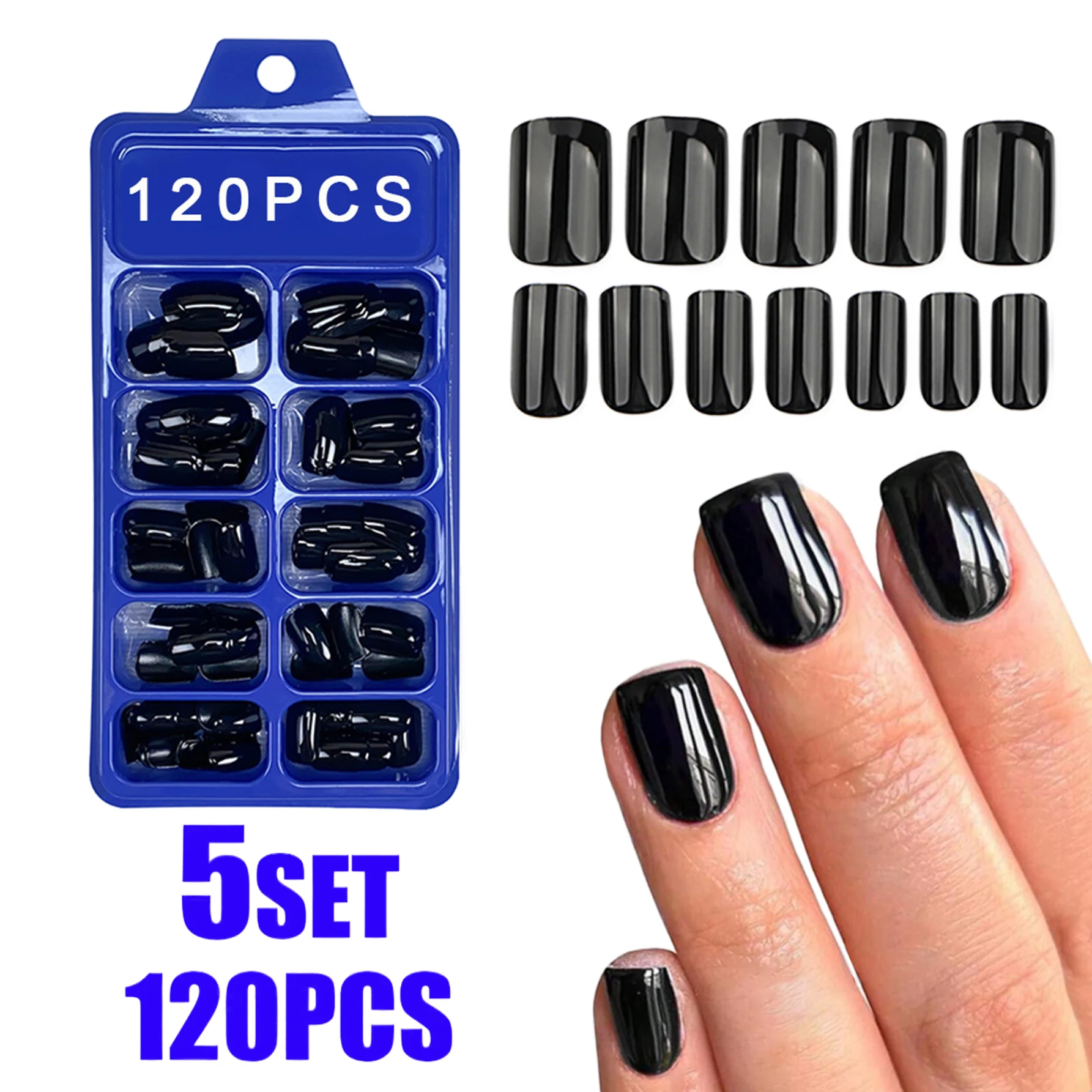 120Pcs Classic Glossy Black Fake Nails Full Cover Press On Nails Short Round Reusable False Fingertips DIY Women Manicure Tools