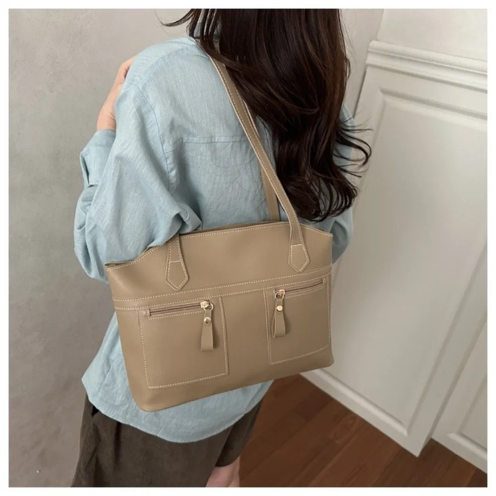 

Trend Large Capacity Double Pockets Commuting Bag Vintage Stylish Underarm Bag PU Leather Versatile Shoulder Tote Bag Work