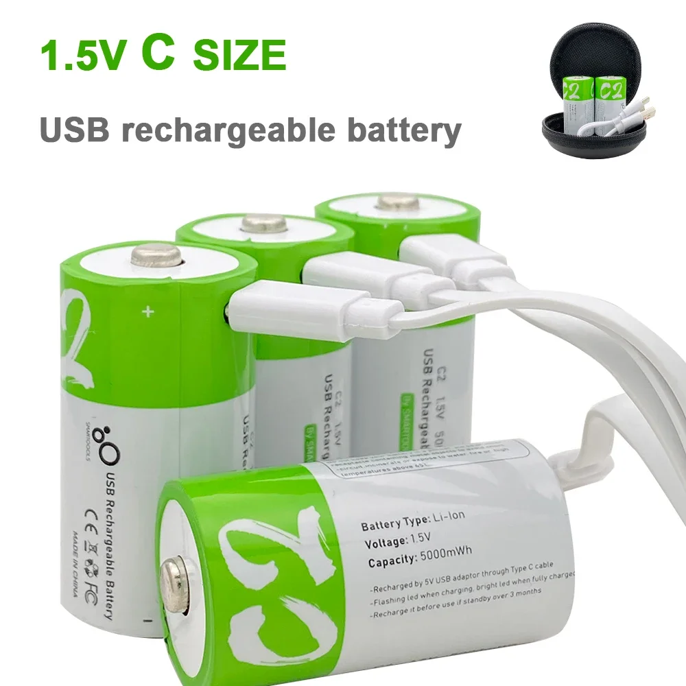 4PCS 1.5V LR14 C Size 5000mWh Lithium Battery Type-C Ultra-Fast Charging Rechargeable Battery for Flashlight Gas Cooker Radio