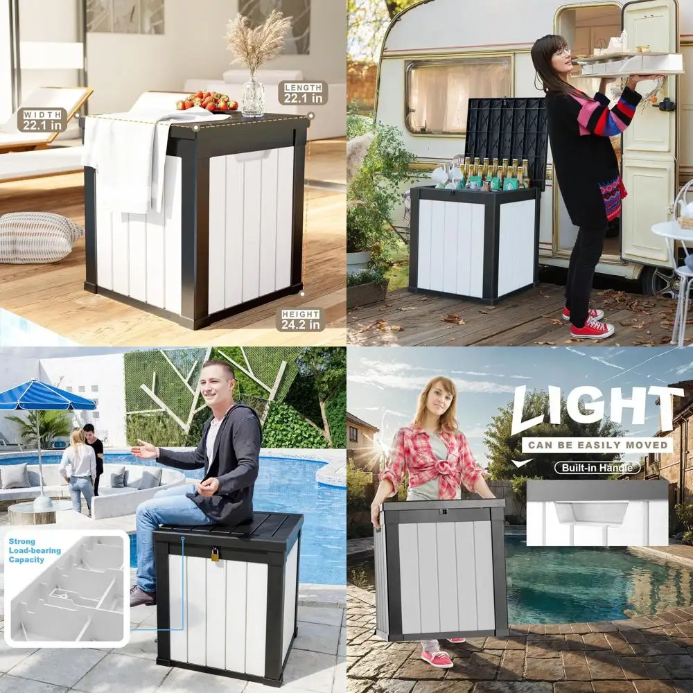 

Weatherproof 50 Gallon Deck Box - Lockable Outdoor Storage for Patio Cushions, Garden Tools, Pool Gear (Black & White)