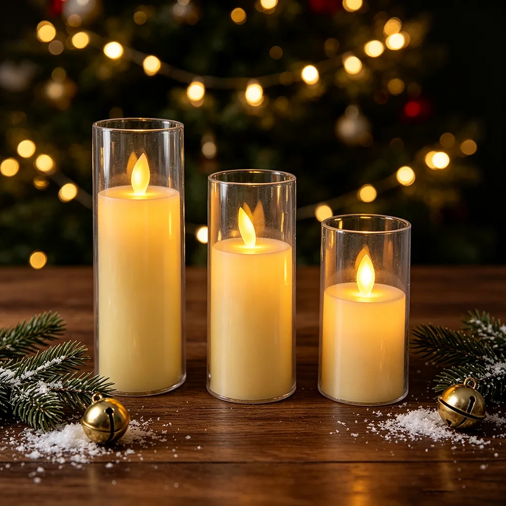 3pcs/set Simulation Glass Candle Light, Warm Light, LED Swinging Flame Candle, Christmas, Wedding, Birthday Home Decoration