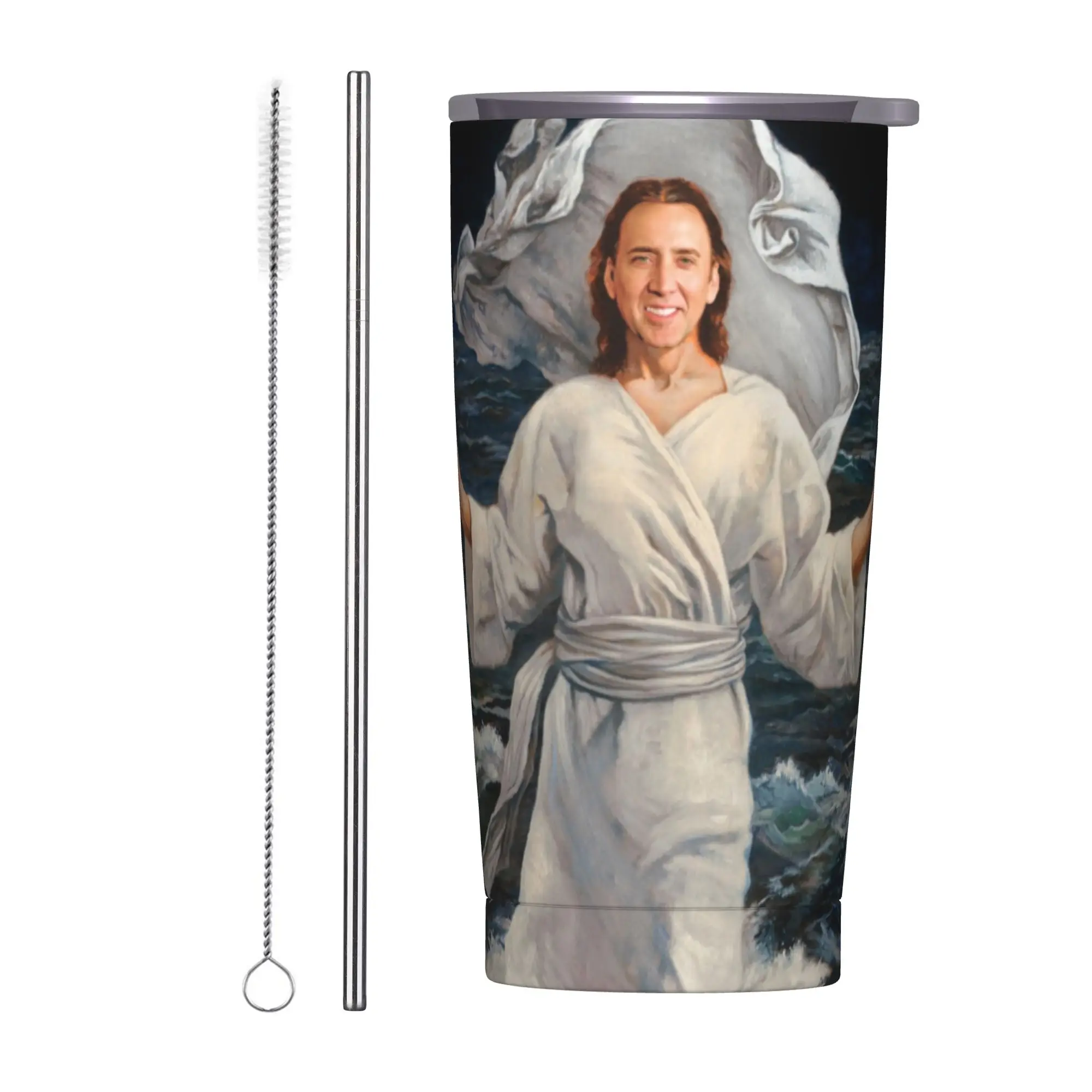 Nicolas Cage God on Water Insulated Tumbler with Straws Lid Meme Printed Vacuum Thermal Mug Double Wall Hot Cold Drinks Cup 20oz