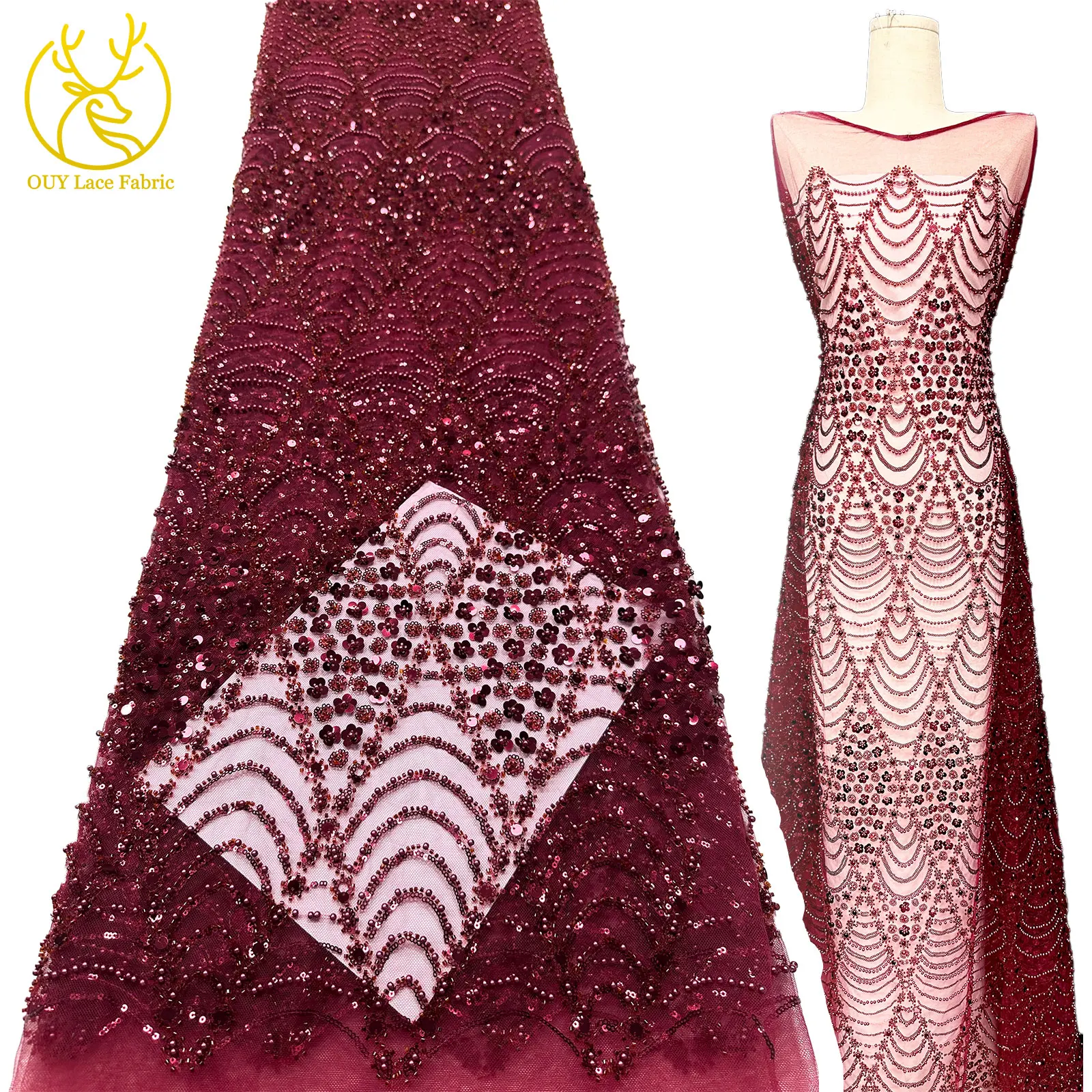 

2025 Fashion Elegant French Mesh Embroidery Sequin Lace Fabric African Nigerian Beaded Lace Fabric Wedding Dress Sewing Material