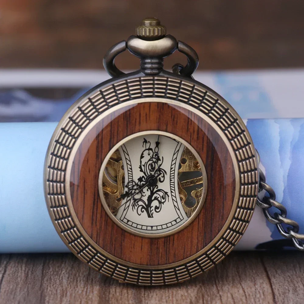 Montre de poche mécanique à remontage manuel vintage pour hommes et femmes, design en bois de luxe, demi-chasseur, horloge de poche rétro, cadeaux avec boîte