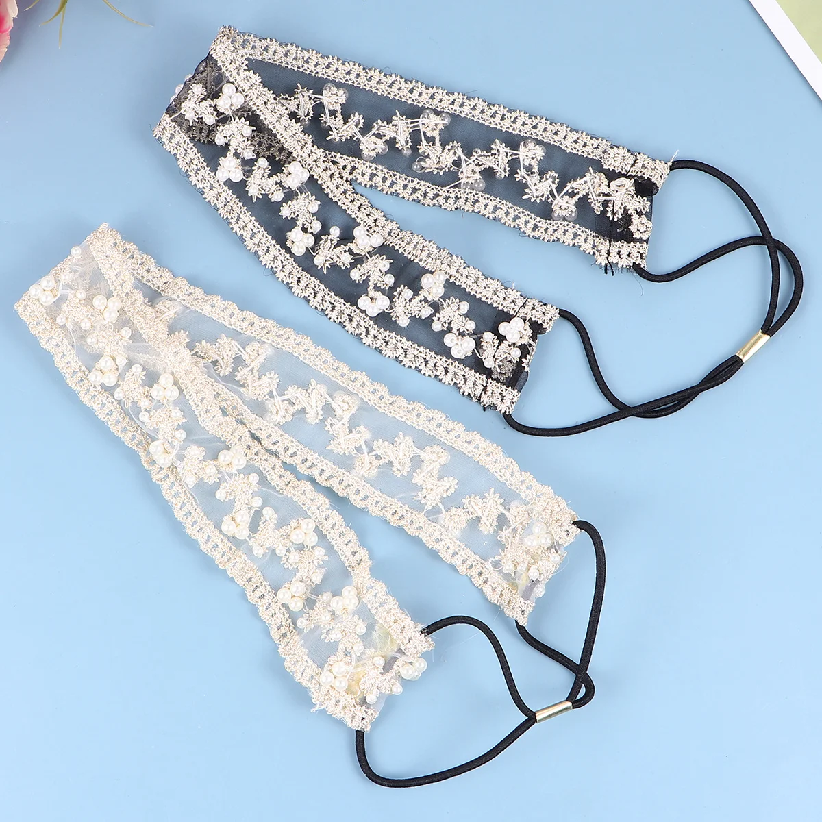 2 Stück elastisches Spitzen-Haarband mit Perlen, Kopfbedeckung für Damen, Schwarz, Beige, zarter Haarschmuck, Festival-Fotografie