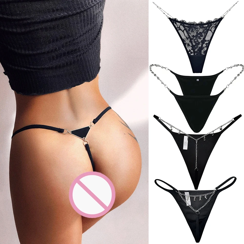 Thong with Name Custom Women Sexy Underwear Metal Letter Chain V G-string Lingerie Lace See Through Briefs Personalize Panties