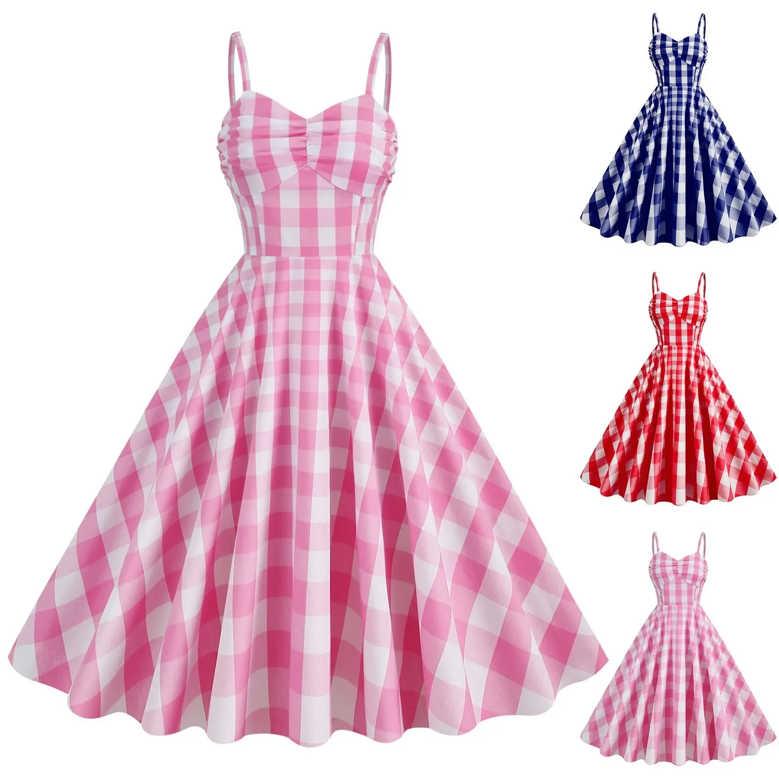 

Women Vintage Barbiee Pink Plaid Dress Retro Rockabilly Strap Suspenders Cocktail Party 1950s 40s Swing Dress Summer Dress