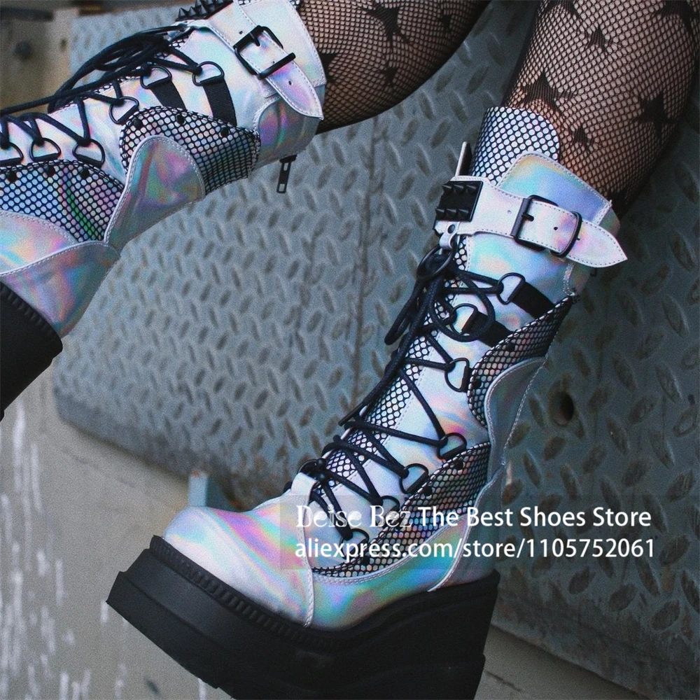 Holographic Iridescent Platform Wedge Mid Calf Boots Mesh Panel Lace up Thick Sole Women Boots Silver Hologram Halloween Boots