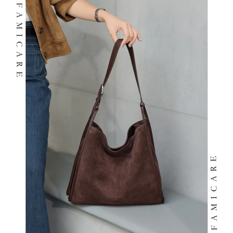 Multi-functional Soft Split Suede Leather Tote Bag Women Versatile Shoulder Bags Lady Large Capacity Practical Crossbody Bag