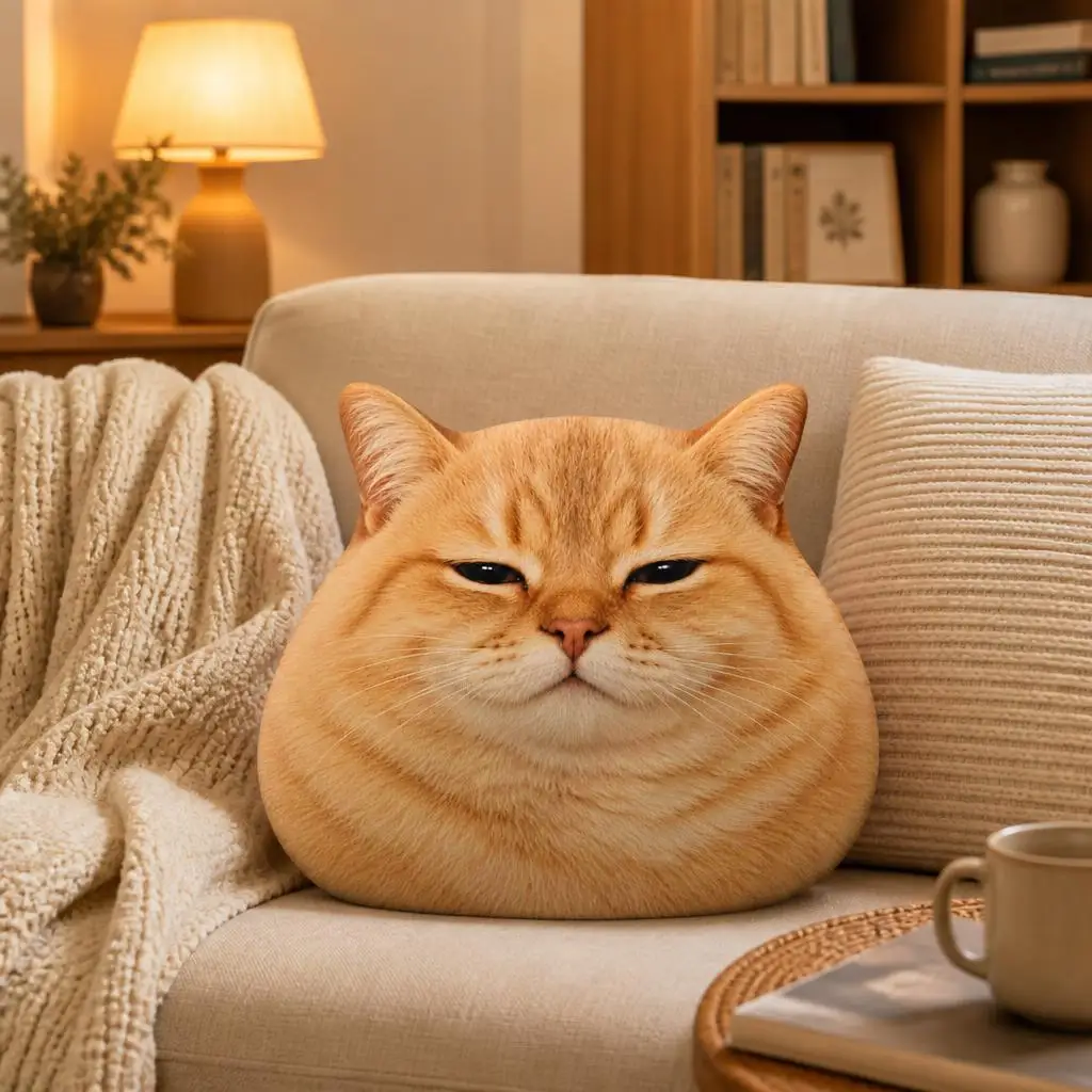 Chubby Orange Cat Shaped Pillow Round Tabby Cushion Stuffed Throw Pillow for Sofa Home Decor Sleepy Face Cat Lover Gift