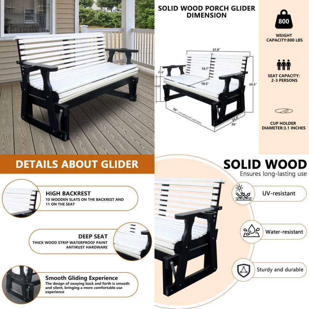 Beach ChairsWooden 2 Person Glider Bench Heavy Duty Outdoor Patio Rocker for Garden and Yard
