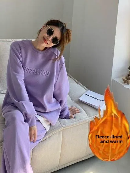 مجموعة ملابس رياضية غير رسمية من الصوف السميك للنساء للخريف والشتاء، سويت شيرت فضفاض للتخسيس على الطراز الكوري، بدلة جري من ق...