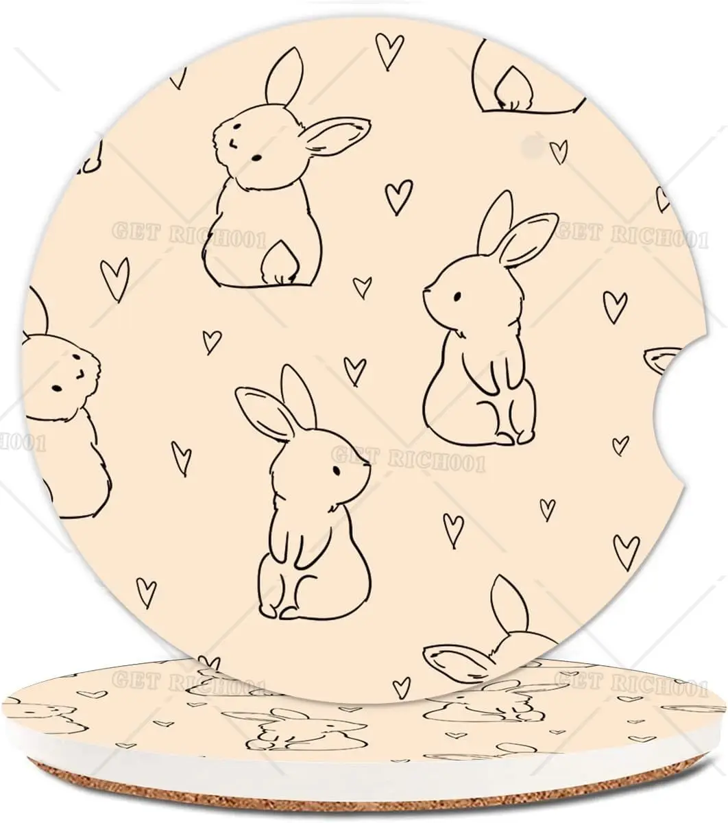 Bunny Absorbent Car Cupholder Coaster 2 Pack Cute Easter Car Coasters with A Finger Notch for Women 2.56