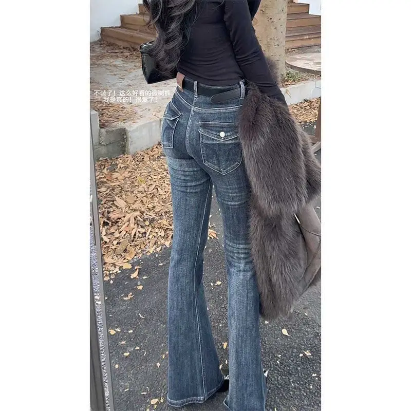 

American Vintage Y2K Casual Jeans Women's Retro High Waist Slim Design Flare Jeans High Street Fashion Chic Jeans Office Lady