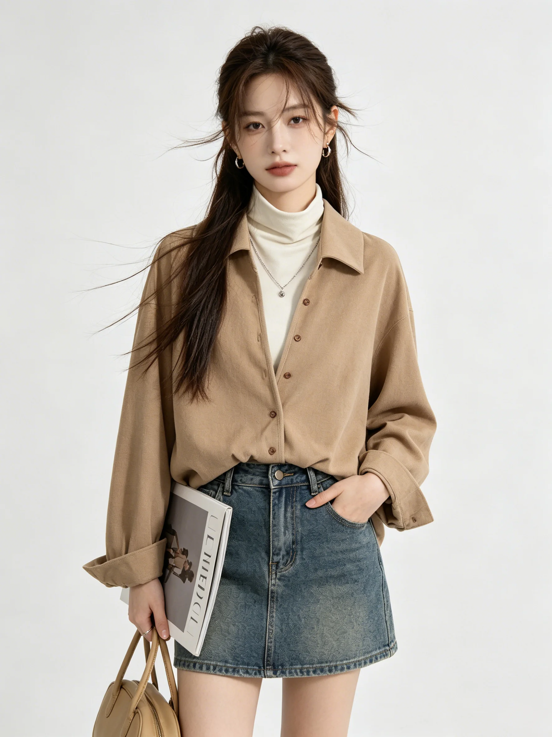 

Khaki Retro Long Sleeve Shirt Two-Piece Set Base Layer Vest Inner Wear Elegant Top Spring New Style Fashion Ensemble for Teens