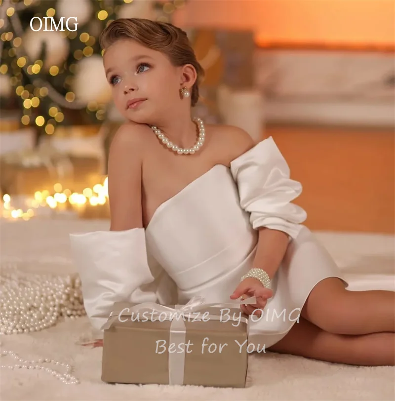 OIMG Ivory Strapless A Line Flower Girl Dresses Cap Sleeves Wedding Party Dress Mini Birthday Dress vestido de niña Customized