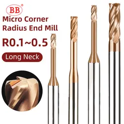 BB 마이크로 코너 반경 엔드 밀, 롱 넥 1mm 1.5mm 2mm R0.1 R0.5 미니 카바이드 CNC 절삭 공구