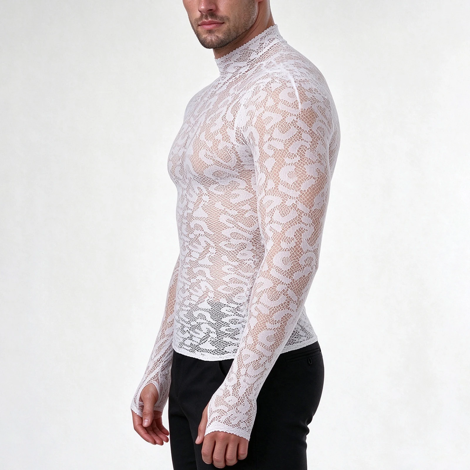 Langarm-Workout-T-Shirt für Herren, Gym-Leopard-Mesh, Stehkragen, Spitze, athletisches, transparentes Oberteil, Trainings-T-Shirt, Lauf-Sportshirt mit Daumenloch – Detail 11