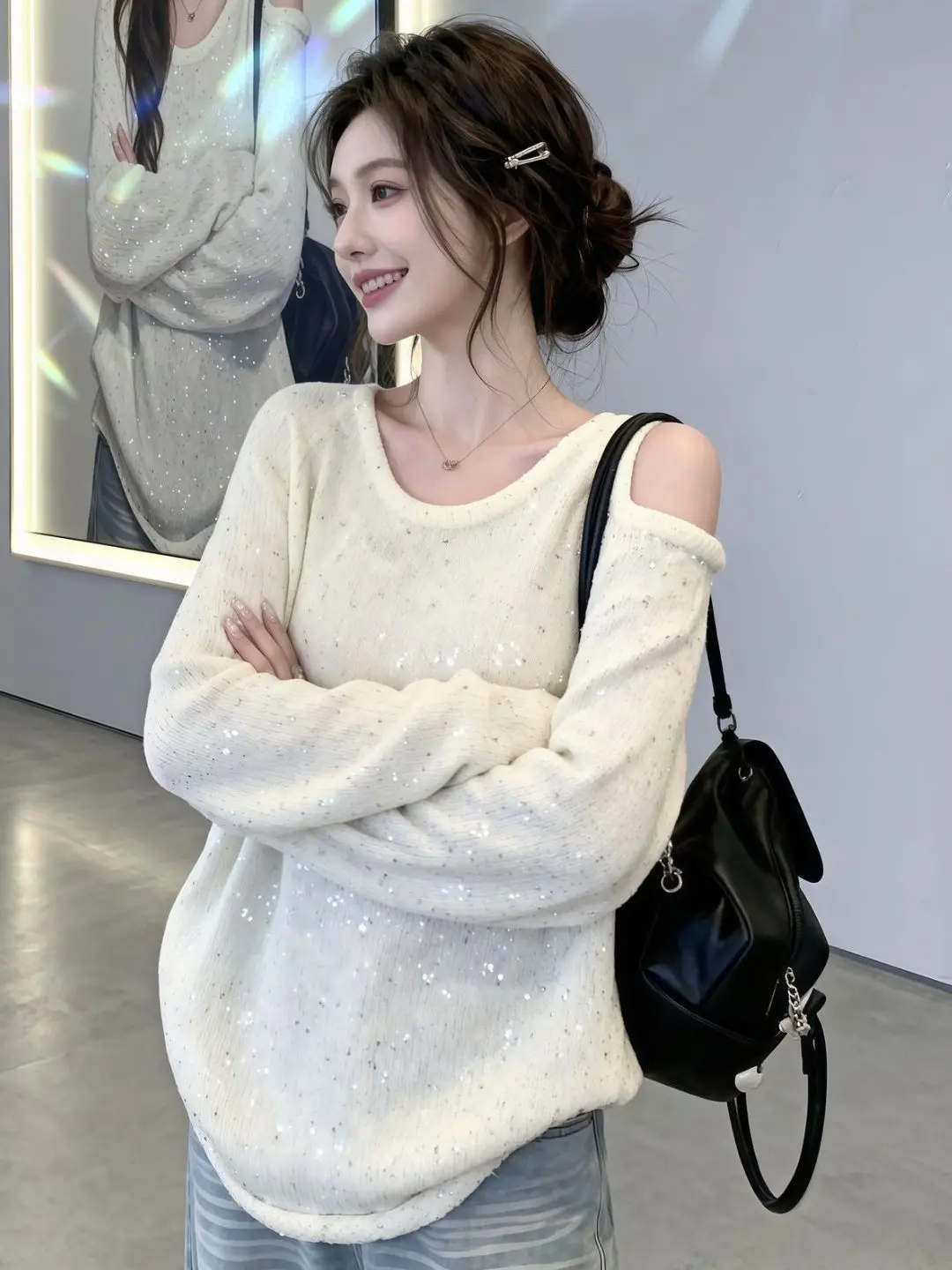 

Early Spring Chic Lazy Feel Lightweight Luxury Women's Base Shirt Shoulder Bared Glitter Knitted Top Trendy Cleanfit Loose Fit