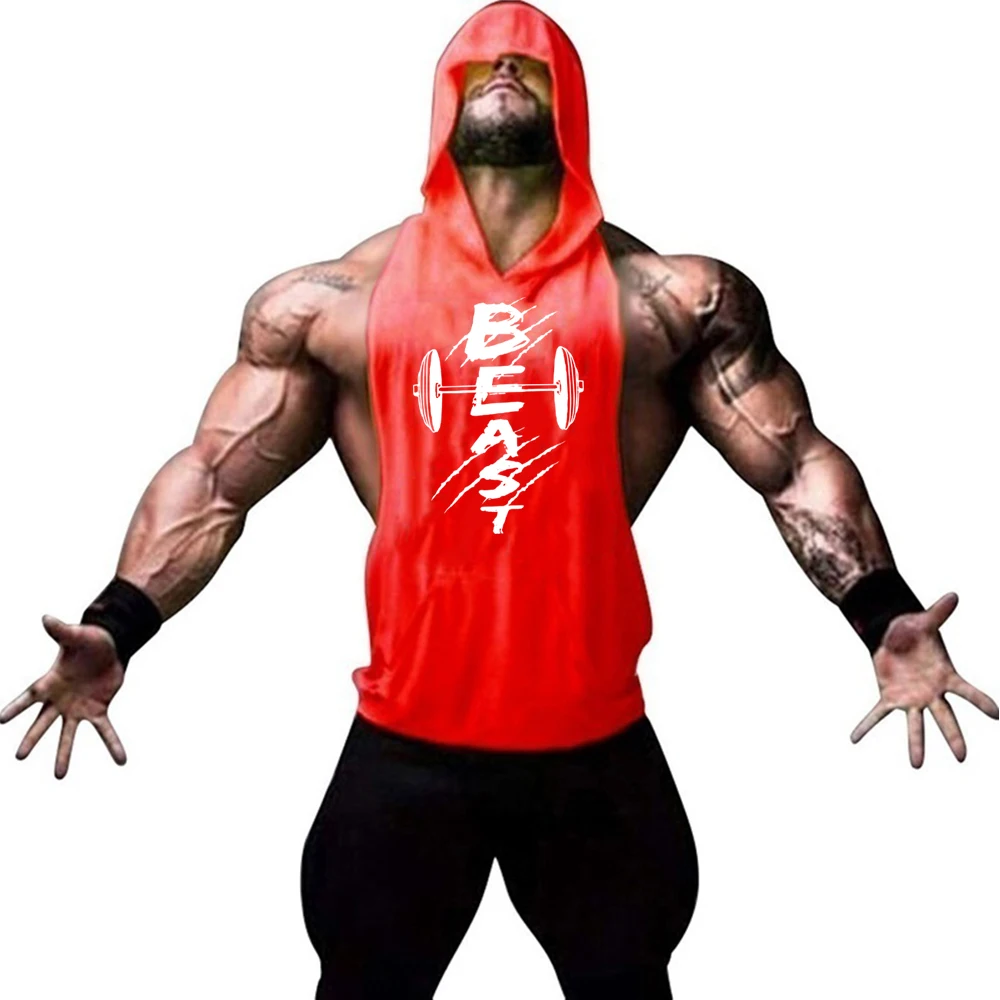 

New fashionable pure cotton sleeveless shirt gym hooded vest men's fitness vest Beast bodybuilding running vest men