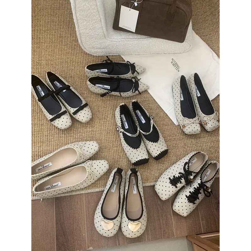 

Retro Elegant Designer Ballet Flats for Women SquareToe Shallow Mouth Mary Jane Shoes Ladies Comfort Polka Dot Office Footwears
