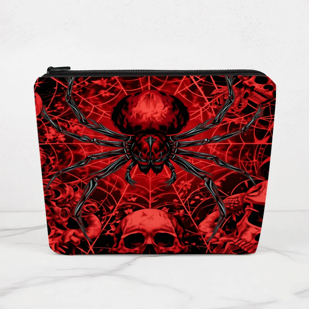 Bolsas de maquillaje con diseño de calavera y telaraña roja para niñas, bolsa de cosméticos, bolsa de aseo, estuche para lápices, almacenamiento de viaje