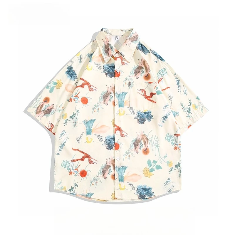 2025 Summer New Japanese Style Graffiti Colorful Print Short Sleeve Shirt Beach Vacation Style Men's Casual Shirt