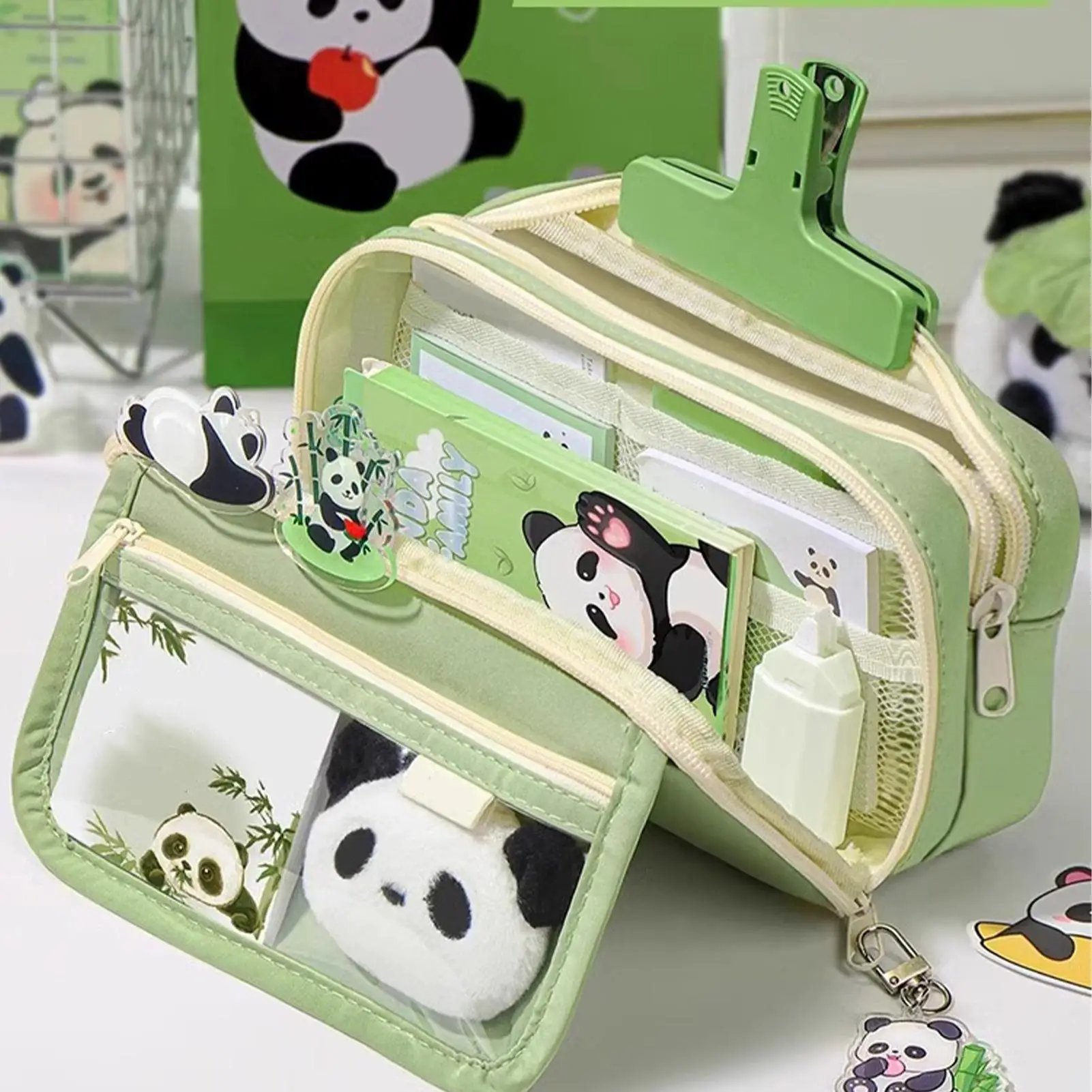 Cute Pencil Case Large Capacity Pencil Bag Panda  Cartoon Stationery Holder Bag With Brooches stickers clips keychains  Pen Case