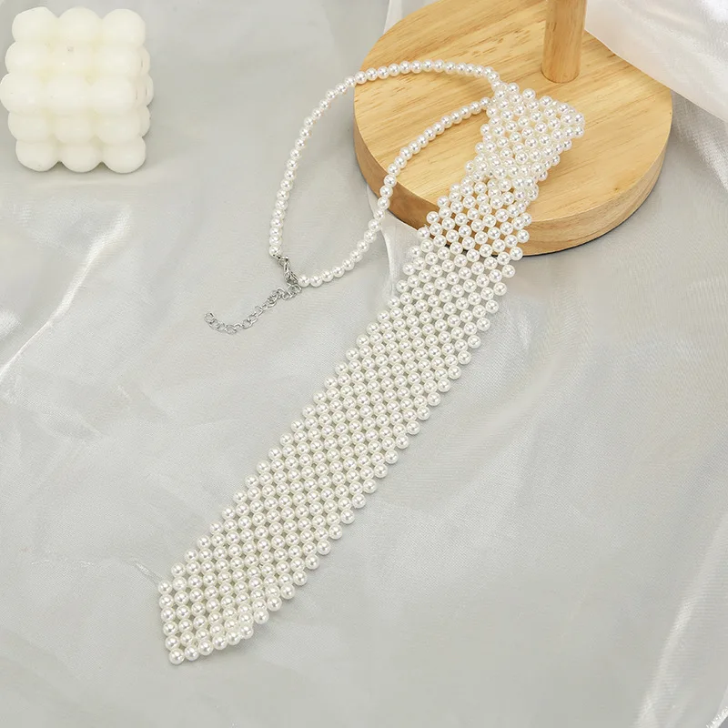 Women  Pearl Necktie Hollow Out Imitation Peral Necklace Retro Weaving Beaded Vintage Jewelry Choker Shirt Tie Collar For Female