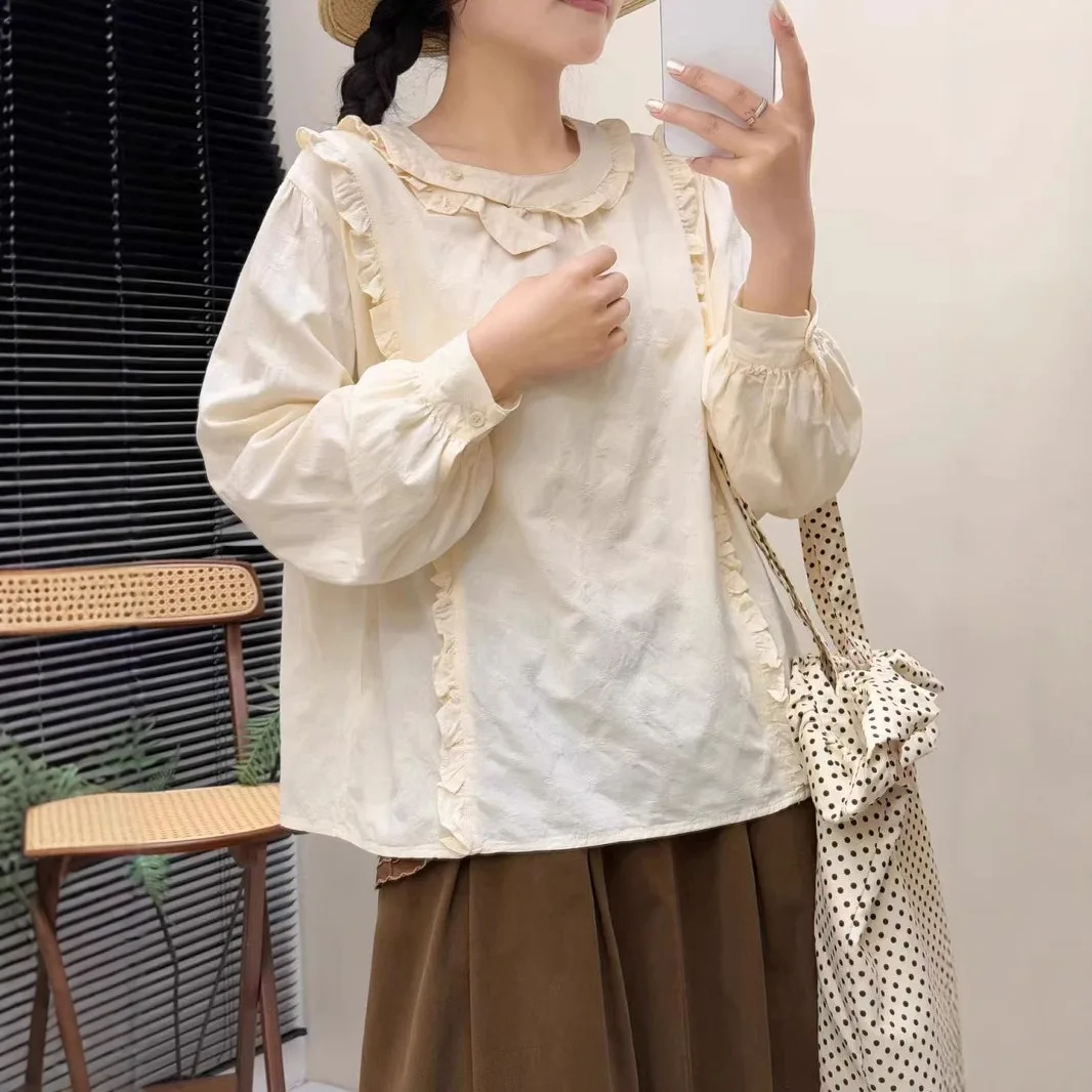 اليابانية الحلو موري فتاة بلون الكشكشة المرقعة تي شيرتات قطن المرأة ربيع الخريف س الرقبة طويلة الأكمام بلوزة غير رسمية بلايز