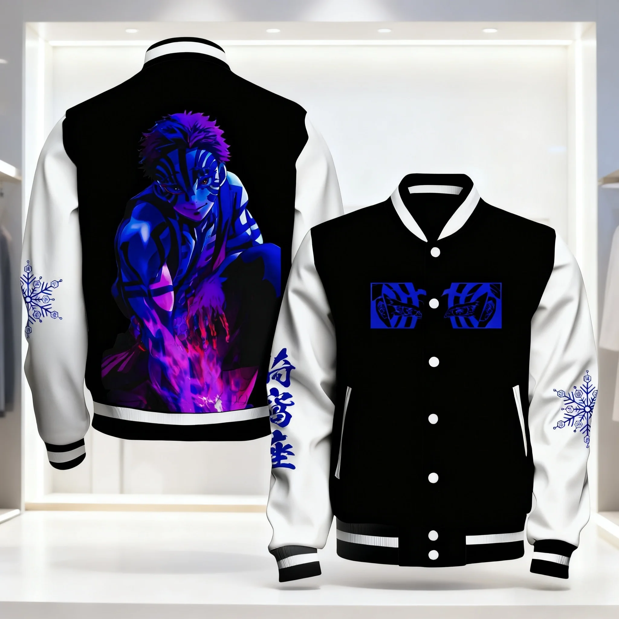 鬼滅の刃 ユニセックス ベースボールジャケット ブラック ホワイト 煉獄杏寿郎 バックプリント パープルヘイズ スノーフレークスリーブ付き