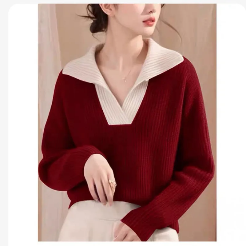 

Autumn Winter Turn-down Sweater Women's Knitted V-neck Pullover Long Sleeved Casual Cashmere Knitted Loose Women Top