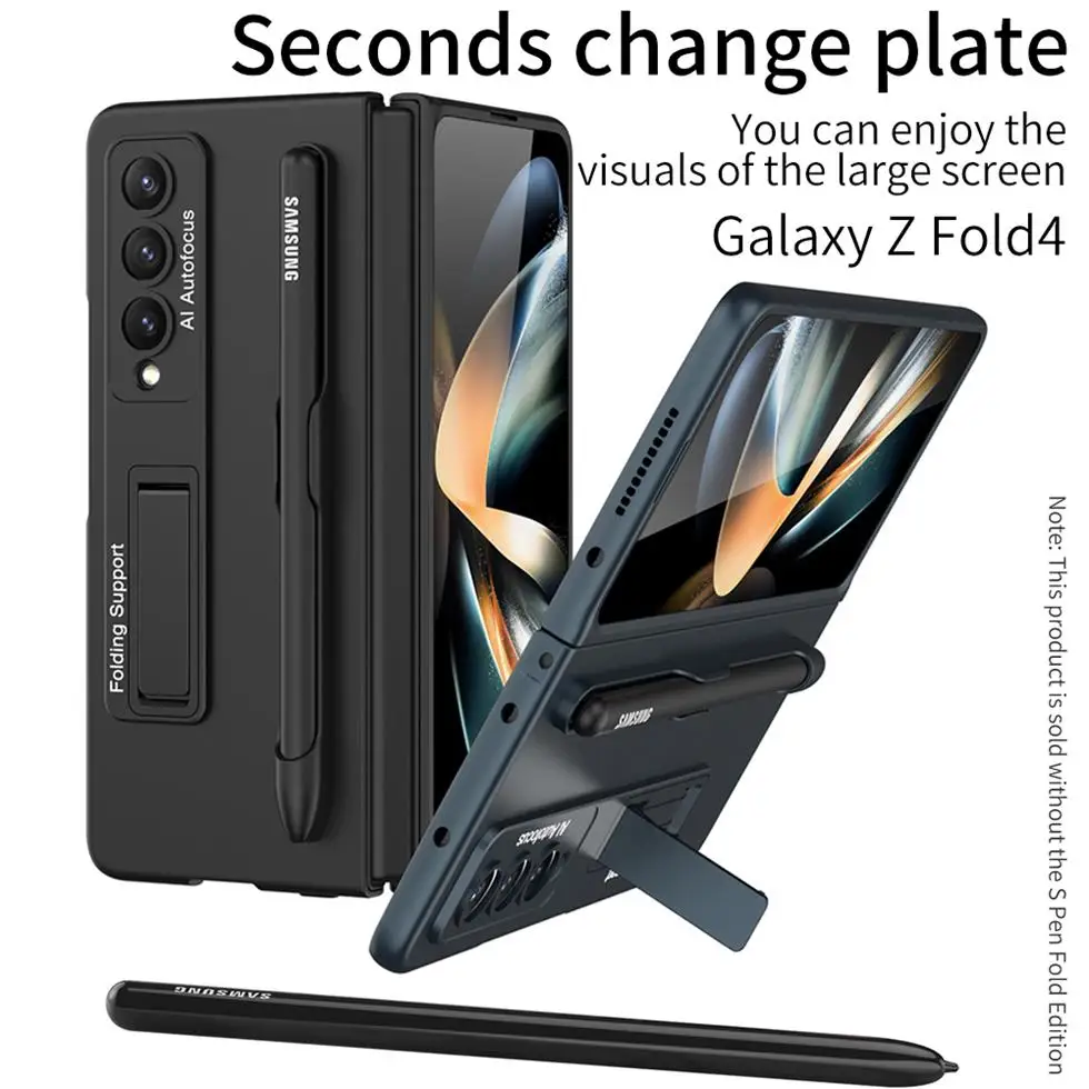 Ultra-thin Matte Bracket Pen Slot For Samsung Galaxy Z Fold 4 Case With Tempered Film Folding Shockproof Protection Hard Cover