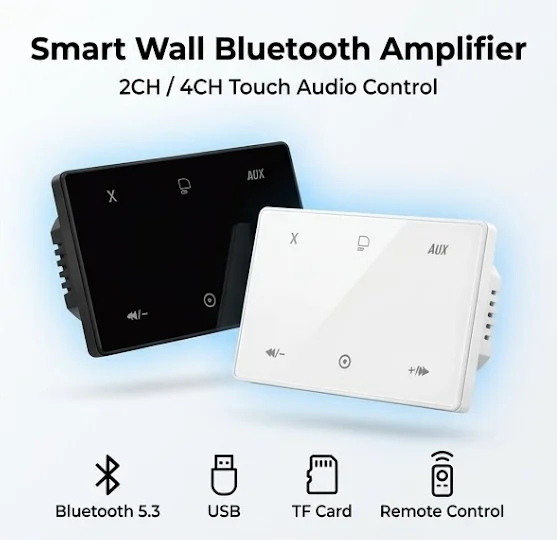 

Bluetooth-усилитель для стены с сенсорной панелью управления, 2-канальная/4-канальная домашняя аудиосистема, USB, TF, AUX, пульт ДУ