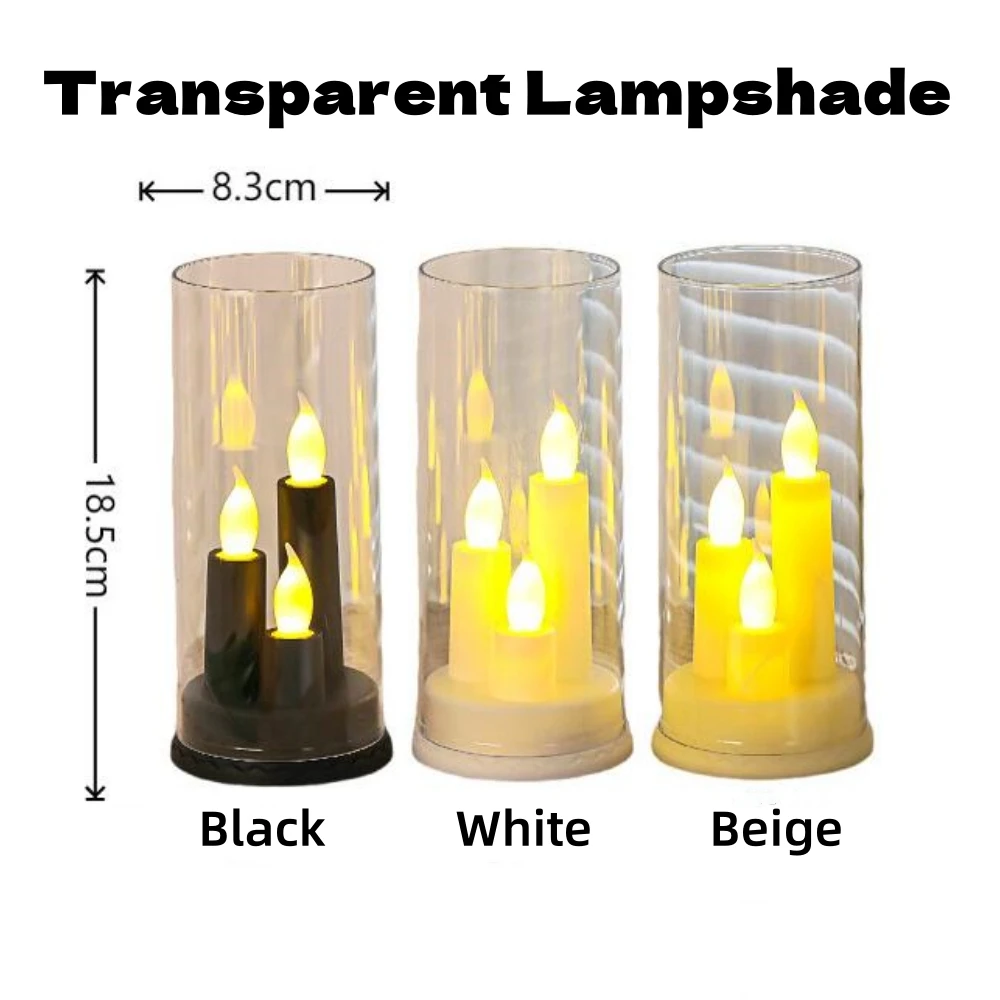 Flameless 3 in 1 LED Electronic Candles Lights with 18.5CM Transparent Lampshade Battery Operated Lamp for Christmas Wedding